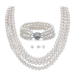 Genuine 3-Piece Triple-Strand Stud Earring, Necklace & Bracelet